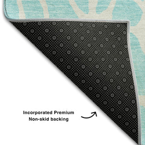 HomeRoots 8' Aqua & Ivory Geometric Round Rug - Washable, UV-Protected, Durable Design for Busy Homes 680370