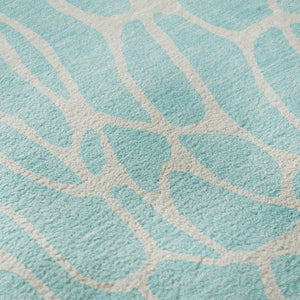 HomeRoots 8' Aqua & Ivory Geometric Round Rug - Washable, UV-Protected, Durable Design for Busy Homes 680370