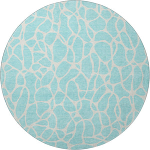 HomeRoots 8' Aqua & Ivory Geometric Round Rug - Washable, UV-Protected, Durable Design for Busy Homes 680370