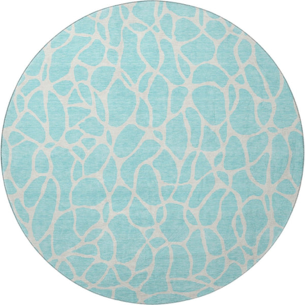 HomeRoots 8' Aqua & Ivory Geometric Round Rug - Washable, UV-Protected, Durable Design for Busy Homes 680370