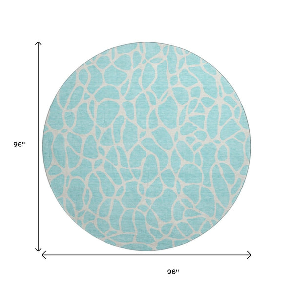 HomeRoots 8' Aqua & Ivory Geometric Round Rug - Washable, UV-Protected, Durable Design for Busy Homes 680370