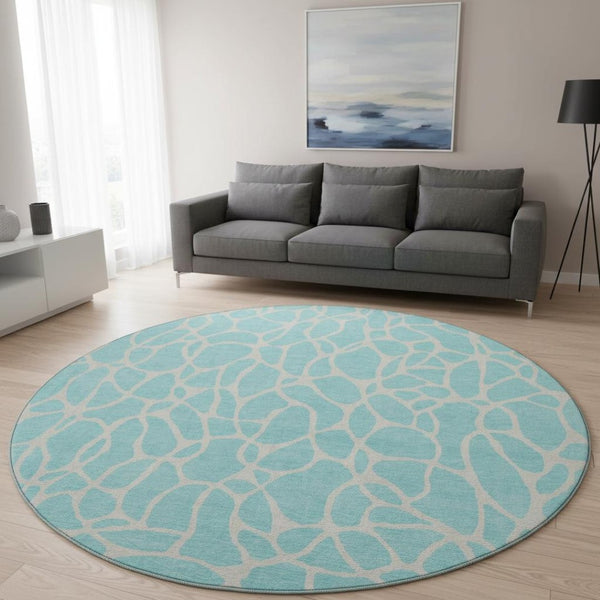 HomeRoots 8' Aqua & Ivory Geometric Round Rug - Washable, UV-Protected, Durable Design for Busy Homes 680370