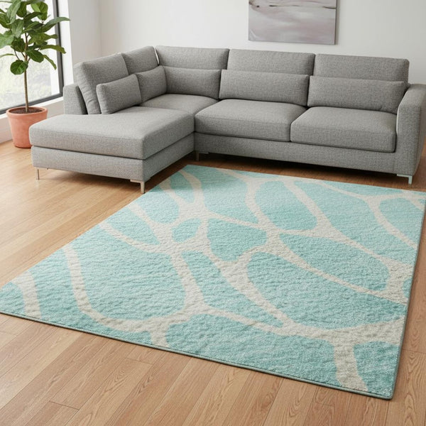 HomeRoots 8' X 10' Aqua & Ivory Geometric Area Rug – Stylish, Washable, UV-Protected for Homes with Kids & Pets 680371