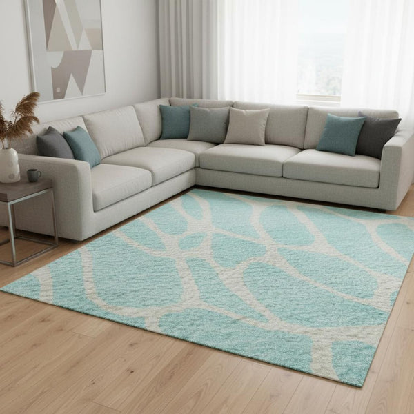 HomeRoots 10' Aqua & Ivory Geometric Area Rug – Washable, UV Protected, Stain Resistant, Perfect for Families! 680373