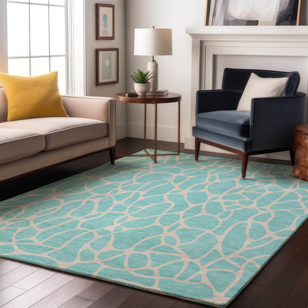HomeRoots 10' Aqua & Ivory Geometric Area Rug – Washable, UV Protected, Stain Resistant, Perfect for Families! 680373