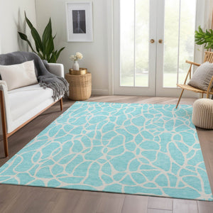 HomeRoots 10' Aqua & Ivory Geometric Area Rug – Washable, UV Protected, Stain Resistant, Perfect for Families! 680373