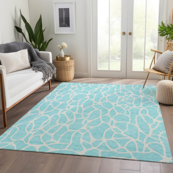 HomeRoots 10' Aqua & Ivory Geometric Area Rug – Washable, UV Protected, Stain Resistant, Perfect for Families! 680373