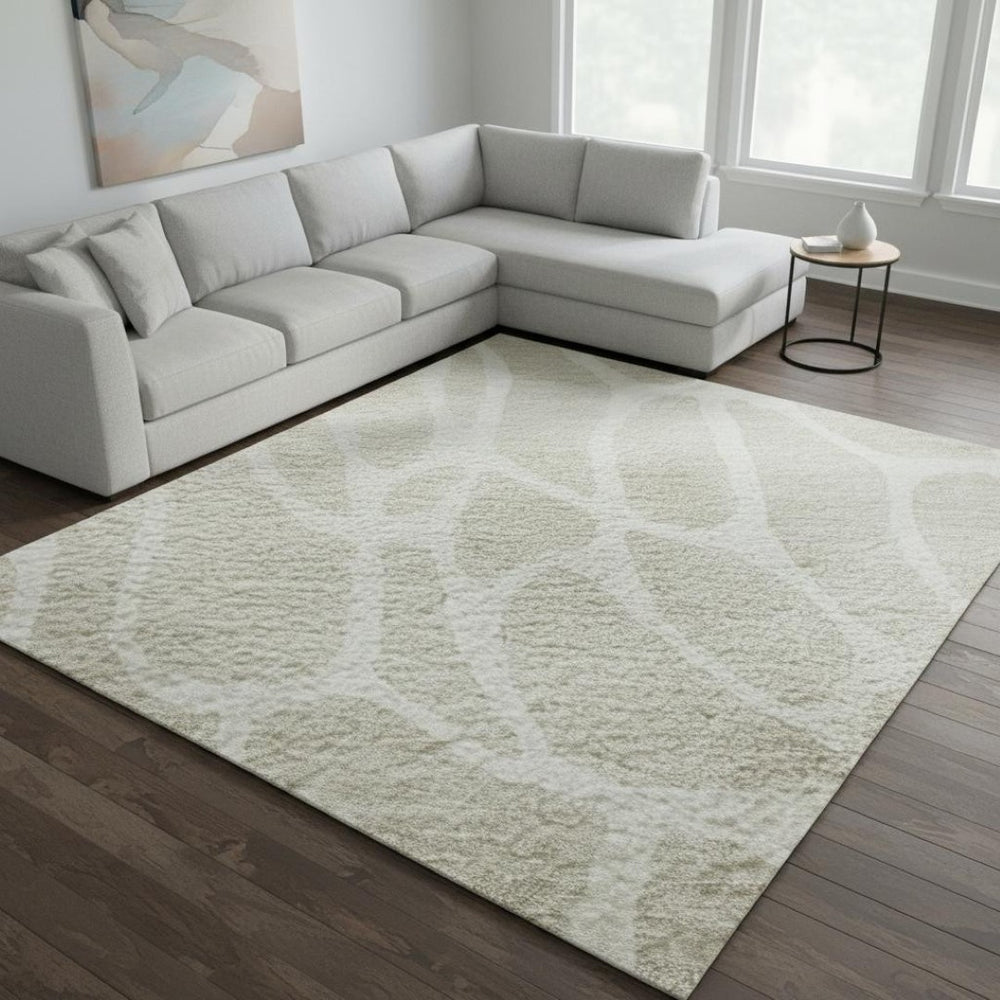 HomeRoots 10' X 14' Beige and Ivory Geometric Area Rug - Washable, UV Protected, Stain Resistant, Durable Design 680379