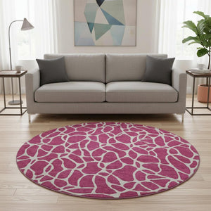 HomeRoots 8' Blush and Ivory Geometric Round Rug - Stylish, Washable, UV-Protected, Perfect for High-Traffic Areas 680382