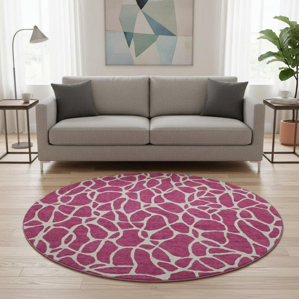HomeRoots 8' Blush and Ivory Geometric Round Rug - Stylish, Washable, UV-Protected, Perfect for High-Traffic Areas 680382