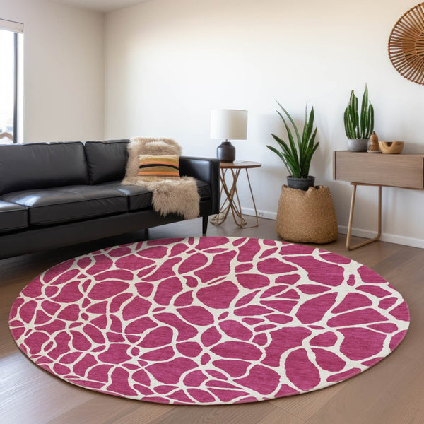 HomeRoots 8' Blush and Ivory Geometric Round Rug - Stylish, Washable, UV-Protected, Perfect for High-Traffic Areas 680382