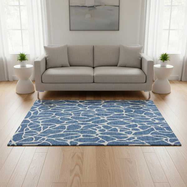 HomeRoots 5' X 8' Blue and Ivory Geometric Area Rug – Durable, Washable, UV Protected for High Traffic Areas 680387