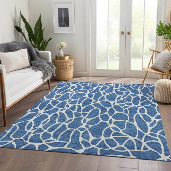 HomeRoots 5' X 8' Blue and Ivory Geometric Area Rug – Durable, Washable, UV Protected for High Traffic Areas 680387