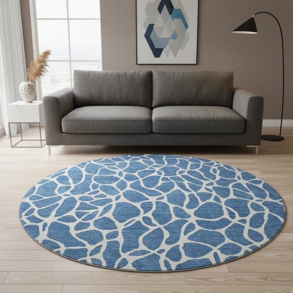HomeRoots 8' Blue and Ivory Geometric Round Rug - Washable, UV Protected, Durable Design for All Spaces 680388