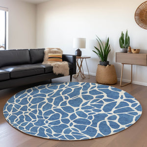 HomeRoots 8' Blue and Ivory Geometric Round Rug - Washable, UV Protected, Durable Design for All Spaces 680388