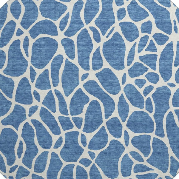 HomeRoots 8' Blue and Ivory Geometric Round Rug - Washable, UV Protected, Durable Design for All Spaces 680388