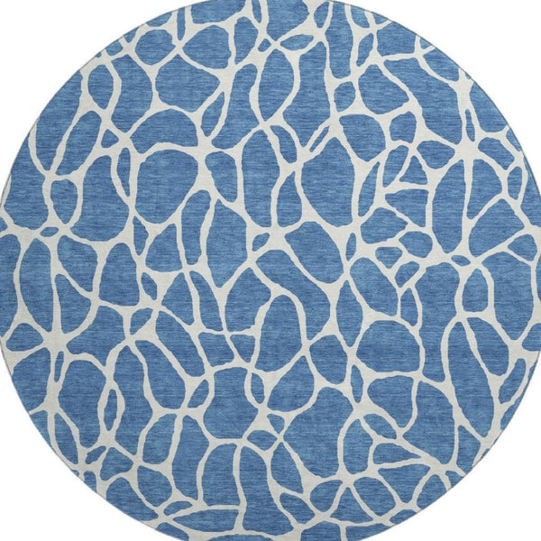 HomeRoots 8' Blue and Ivory Geometric Round Rug - Washable, UV Protected, Durable Design for All Spaces 680388