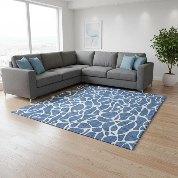 HomeRoots 8' X 10' Modern Blue & Ivory Geometric Area Rug - Washable, Stain-Resistant, UV Protected Design 680389
