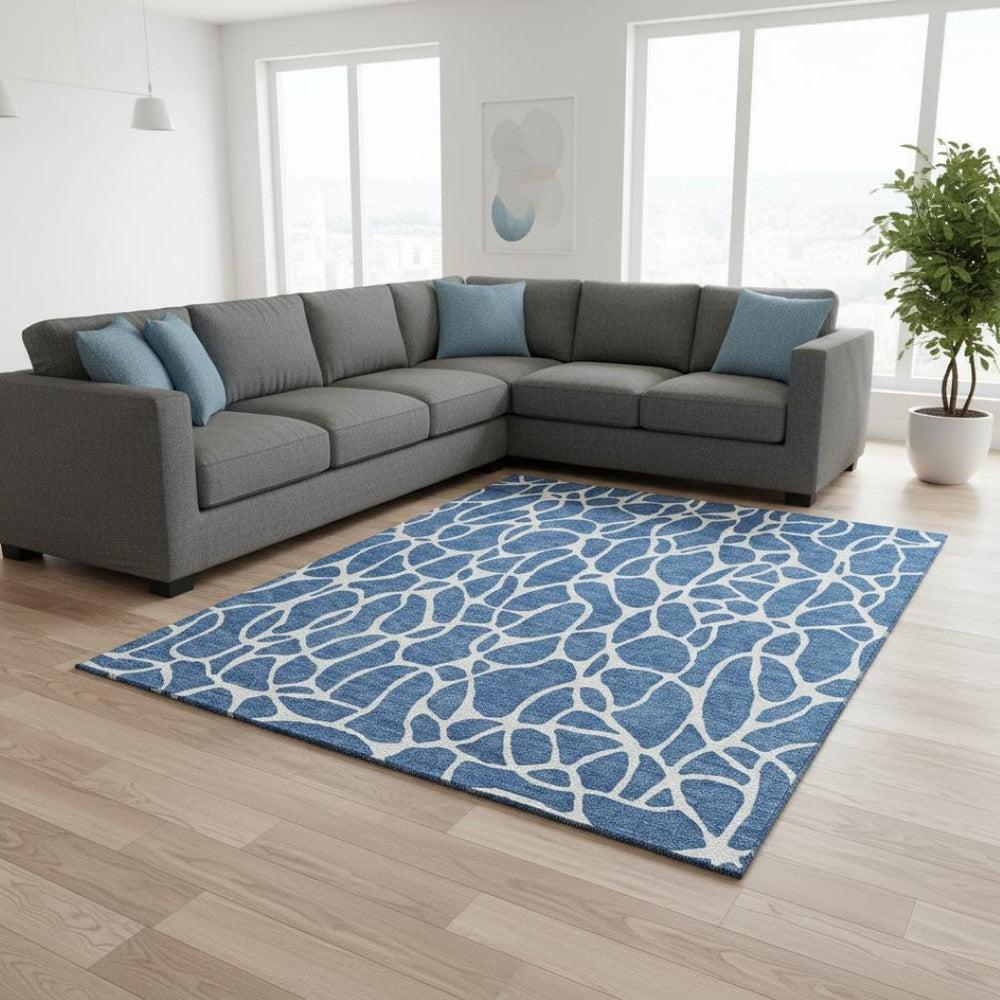 HomeRoots 9' X 12' Blue and Ivory Geometric Washable Area Rug - Durable, Stain-Resistant, UV Protected Design 680390