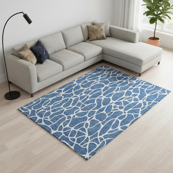 HomeRoots 10' X 14' Blue and Ivory Geometric Area Rug – Washable, UV-Protected, Perfect for High-Traffic Spaces 680391