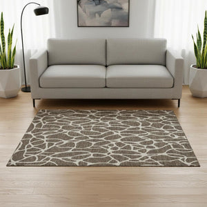 HomeRoots 5' Modern Brown and Beige Geometric Washable Area Rug with UV Protection for High-Traffic Spaces 680393