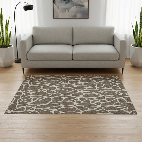 HomeRoots 5' Modern Brown and Beige Geometric Washable Area Rug with UV Protection for High-Traffic Spaces 680393