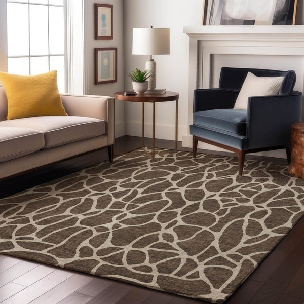 HomeRoots 5' Modern Brown and Beige Geometric Washable Area Rug with UV Protection for High-Traffic Spaces 680393