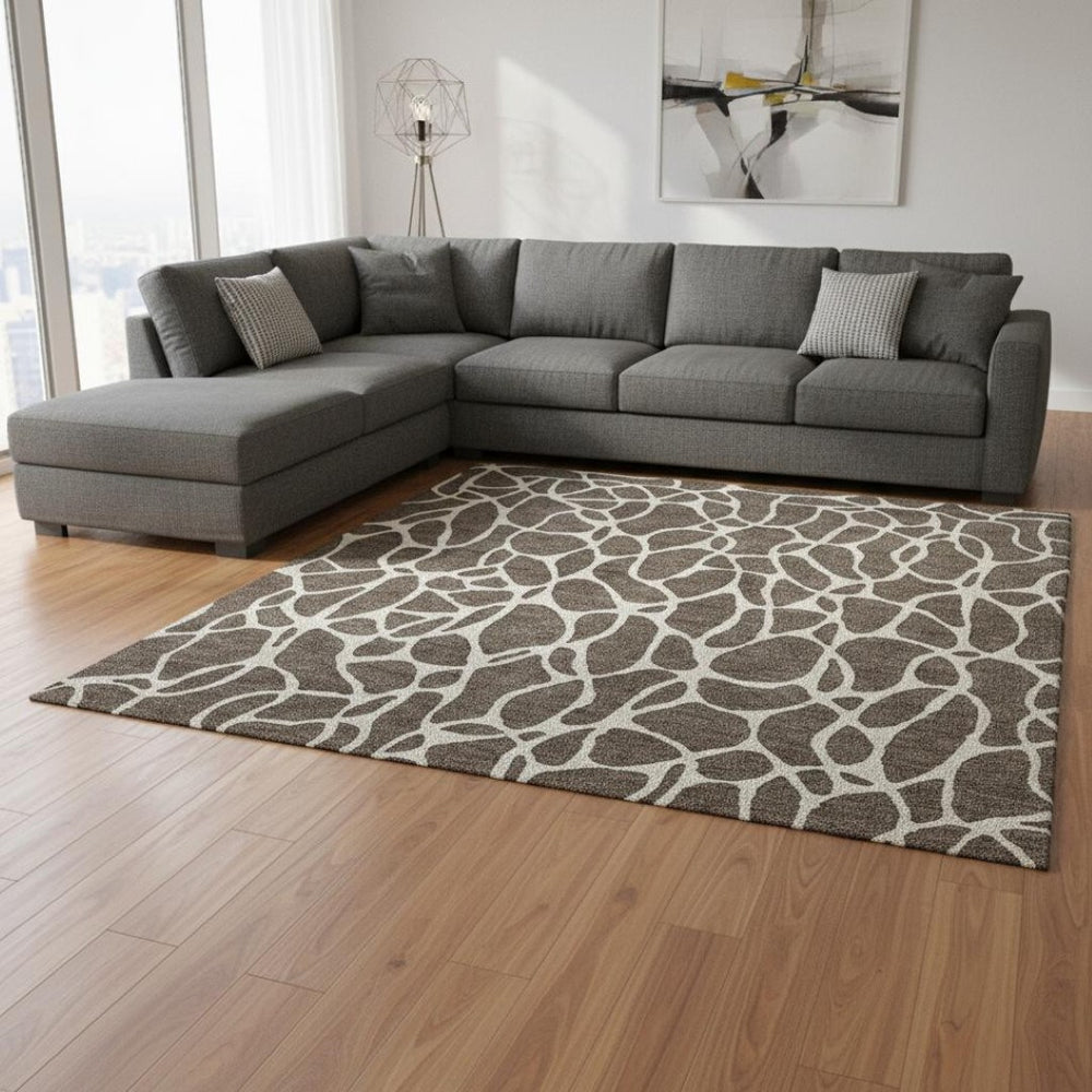 HomeRoots 8' X 10' Brown And Beige Geometric Area Rug - Washable, UV-Protected, Durable for Modern Homes 680395