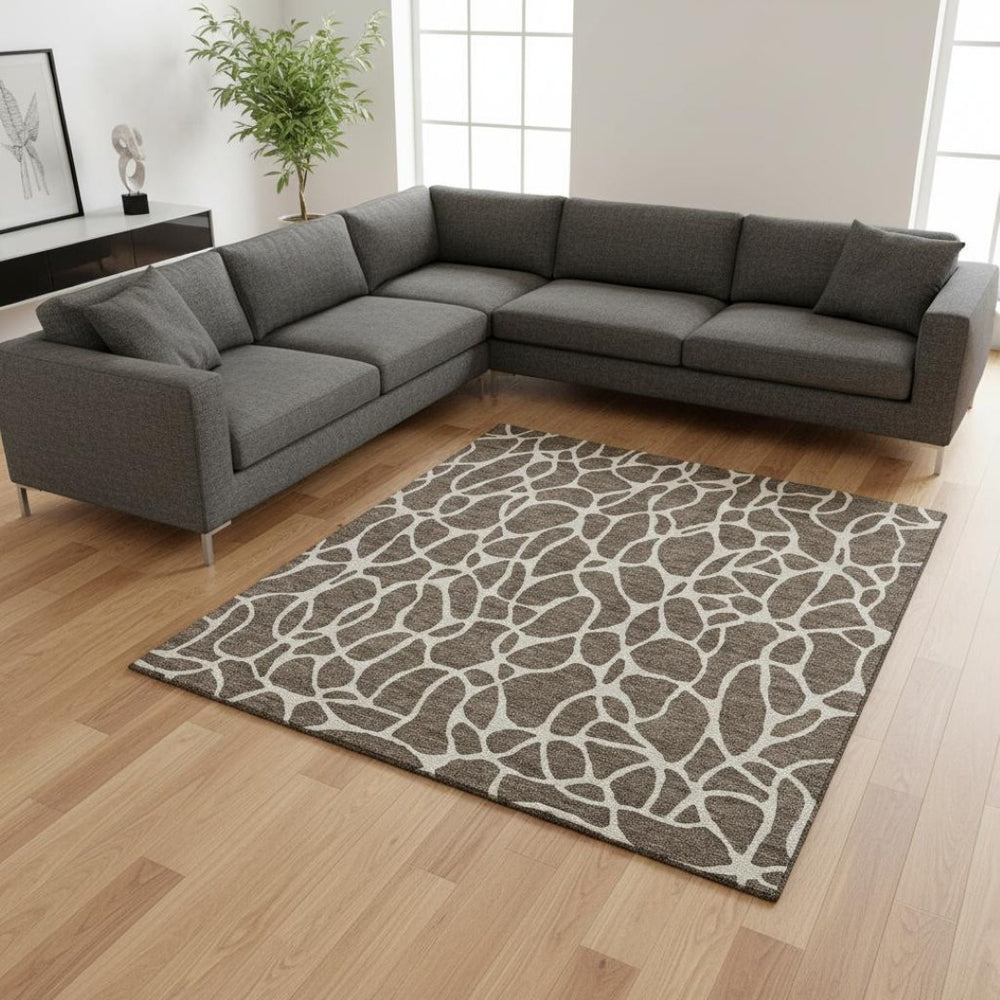 HomeRoots 9' X 12' Geometric Washable Area Rug in Brown and Beige - Durable UV-Protected, Stylish & Easy Care 680396