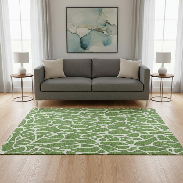 HomeRoots 5' X 8' Green And Ivory Geometric Area Rug - Washable, UV-Protected, Durable Design for Any Space 680399