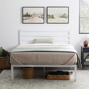 English Elm Metal Platform Bed King White with Horizontal Bar Headboard, 800lb Capacity, 14-Slat Roll Support B350P394799