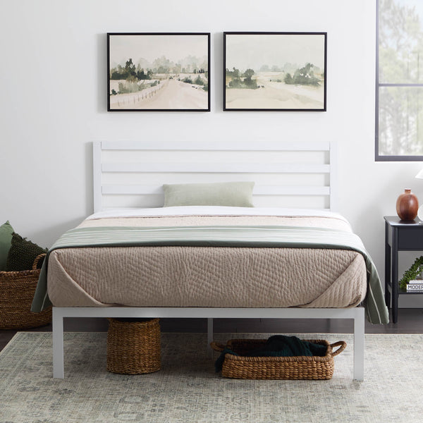 English Elm Metal Platform Bed King White with Horizontal Bar Headboard, 800lb Capacity, 14-Slat Roll Support B350P394799