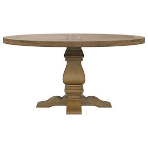 English Elm Rustic Honey Pine Pedestal Round Dining Set Seats Four with Nailhead Chair Trim B062S01844