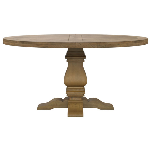 English Elm Rustic Honey Pine Pedestal Round Dining Set Seats Four with Nailhead Chair Trim B062S01844