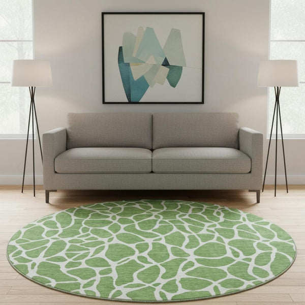 HomeRoots 8' Green and Ivory Geometric Round Rug - Washable, UV-Protected, Soft, Durable for High-Traffic Areas 680400