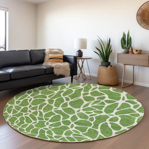 HomeRoots 8' Green and Ivory Geometric Round Rug - Washable, UV-Protected, Soft, Durable for High-Traffic Areas 680400