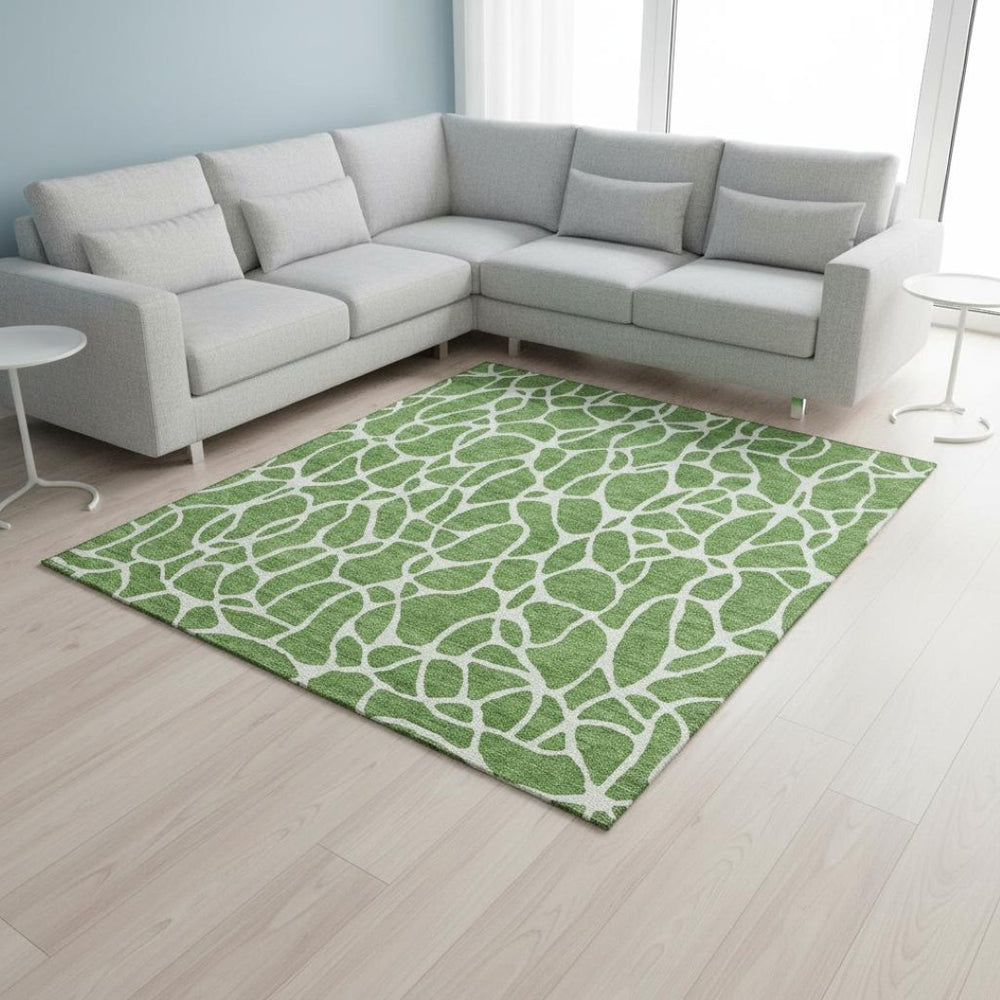 HomeRoots 9' X 12' Stylish Green & Ivory Geometric Area Rug – Washable, UV-Protected, Perfect for Family Homes 680402