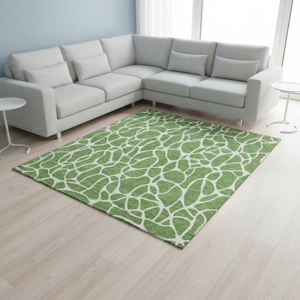 HomeRoots 9' X 12' Stylish Green & Ivory Geometric Area Rug – Washable, UV-Protected, Perfect for Family Homes 680402