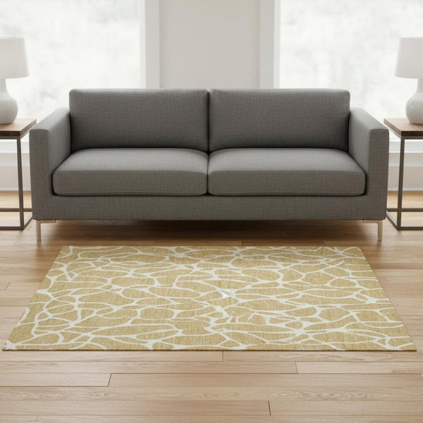 HomeRoots 5' X 8' Gold & Ivory Geometric Washable Area Rug - Stain Resistant, UV Protection, Easy Care! 680405