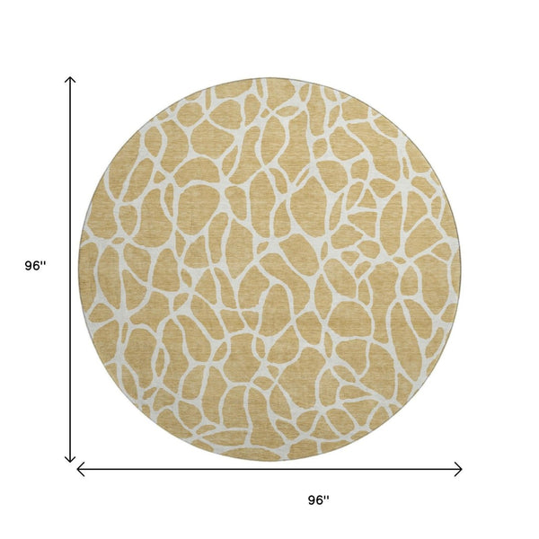 HomeRoots 8' Gold and Ivory Geometric Round Rug - Washable, UV Protected, Perfect for High-Traffic Areas! 680406
