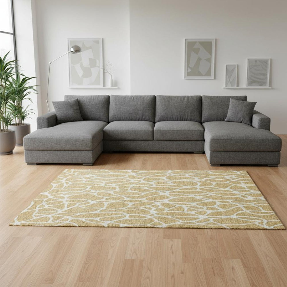 HomeRoots 8' X 10' Gold and Ivory Geometric Washable Area Rug – Durable, Stain Resistant with UV Protection! 680407