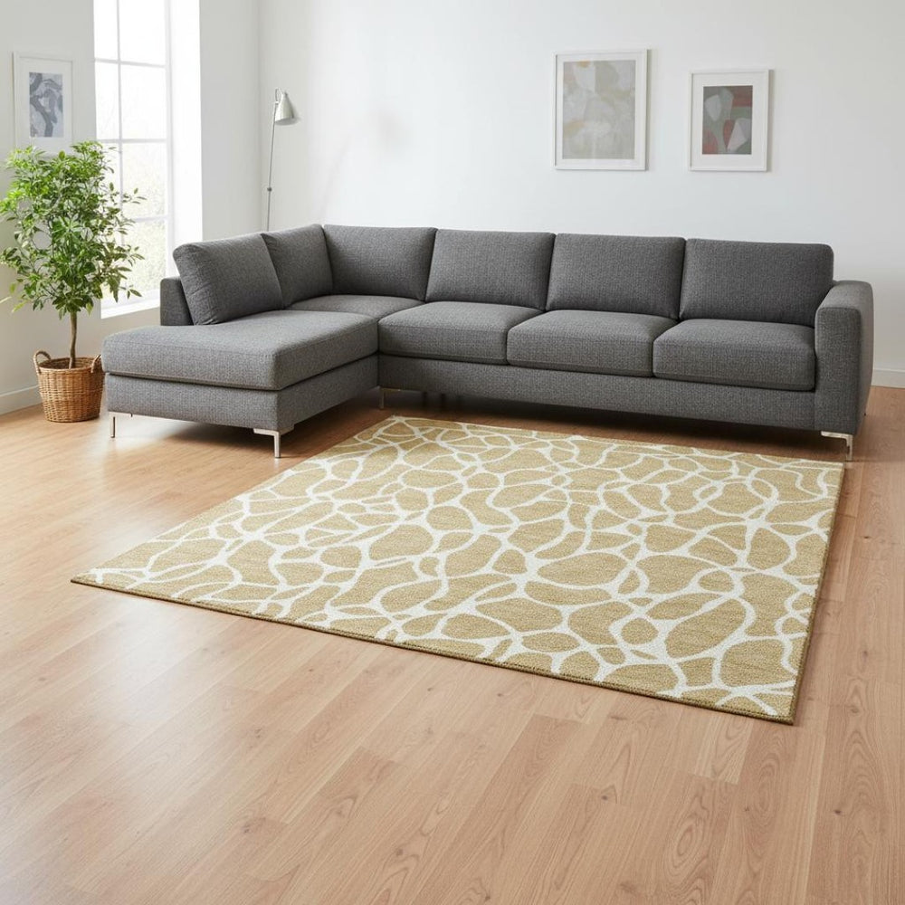 HomeRoots 9' X 12' Gold And Ivory Geometric Area Rug – Washable, UV Resistant, Perfect for High-Traffic Homes! 680408