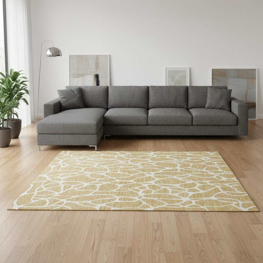 HomeRoots 10' Gold and Ivory Geometric Area Rug - Washable, Stain Resistant, UV Protected for Busy Homes! 680409