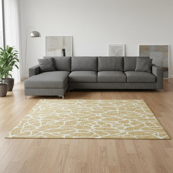 HomeRoots 10' Gold and Ivory Geometric Area Rug - Washable, Stain Resistant, UV Protected for Busy Homes! 680409