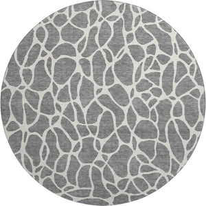 HomeRoots 8' Gray and Ivory Geometric Round Rug - Washable, UV-Protected, Durable for High-Traffic Areas 680412