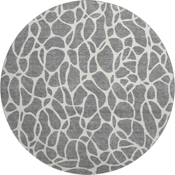 HomeRoots 8' Gray and Ivory Geometric Round Rug - Washable, UV-Protected, Durable for High-Traffic Areas 680412