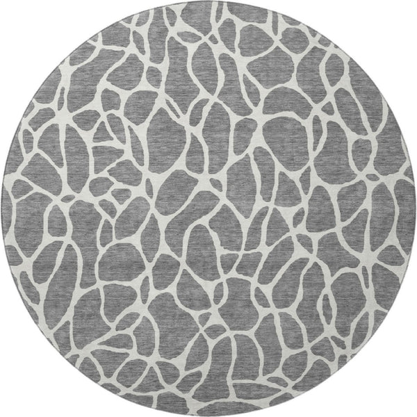 HomeRoots 8' Gray and Ivory Geometric Round Rug - Washable, UV-Protected, Durable for High-Traffic Areas 680412