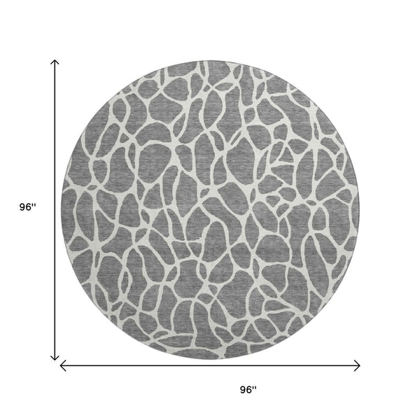 HomeRoots 8' Gray and Ivory Geometric Round Rug - Washable, UV-Protected, Durable for High-Traffic Areas 680412