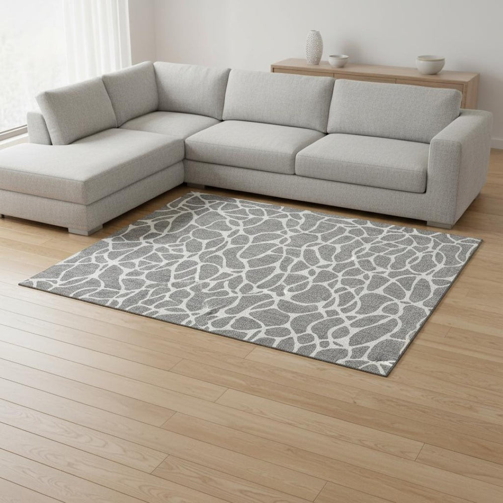 HomeRoots 9' X 12' Gray and Ivory Geometric Area Rug - Washable, UV Protected, Durable for Homes with Kids & Pets 680414