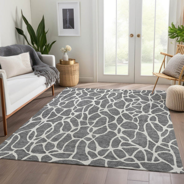 HomeRoots 9' X 12' Gray and Ivory Geometric Area Rug - Washable, UV Protected, Durable for Homes with Kids & Pets 680414
